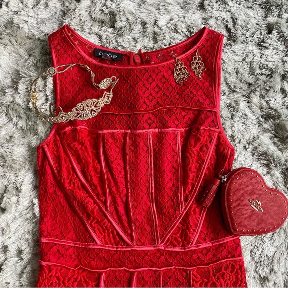 bebe Red Lace Sleeveless Dress Size 4 - Picture 5 of 9